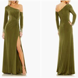 MAC DUGGAL 55696 ONE SLEEVE BEADED CUFF SIDE TWIST  THIGH SLIT OLIVE GOWN sz  2